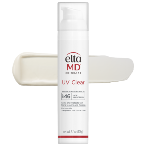 EltaMD UV Clear Broad-Spectrum SPF 46 face sunscreen pump bottle with cream swatch on white background