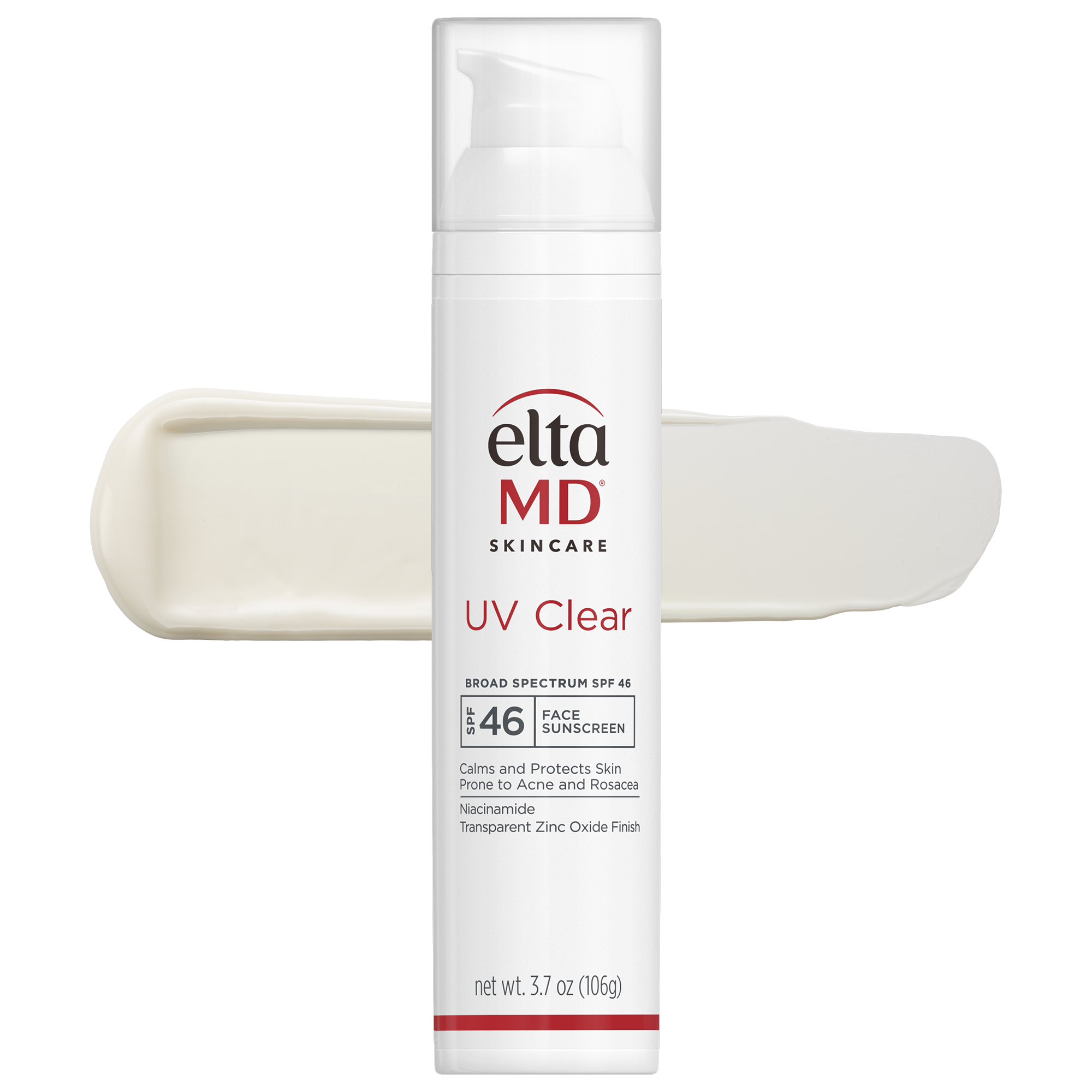 EltaMD UV Clear Broad-Spectrum SPF 46 face sunscreen pump bottle with cream swatch on white background