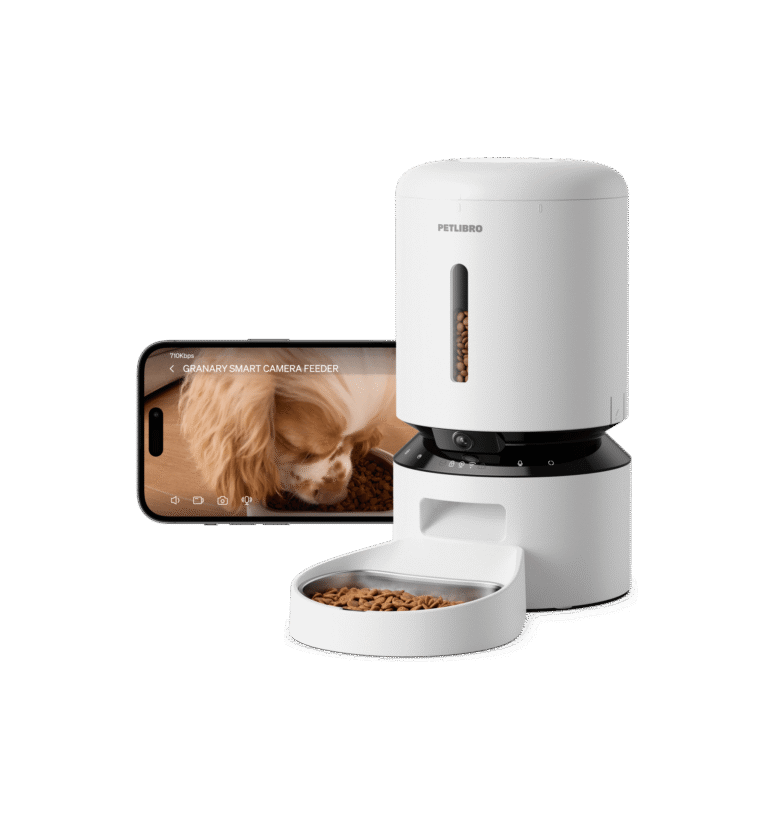 PETLIBRO Granary Smart Camera Feeder with 1080p HD camera, stainless steel bowl, and PETLIBRO Lite app display
