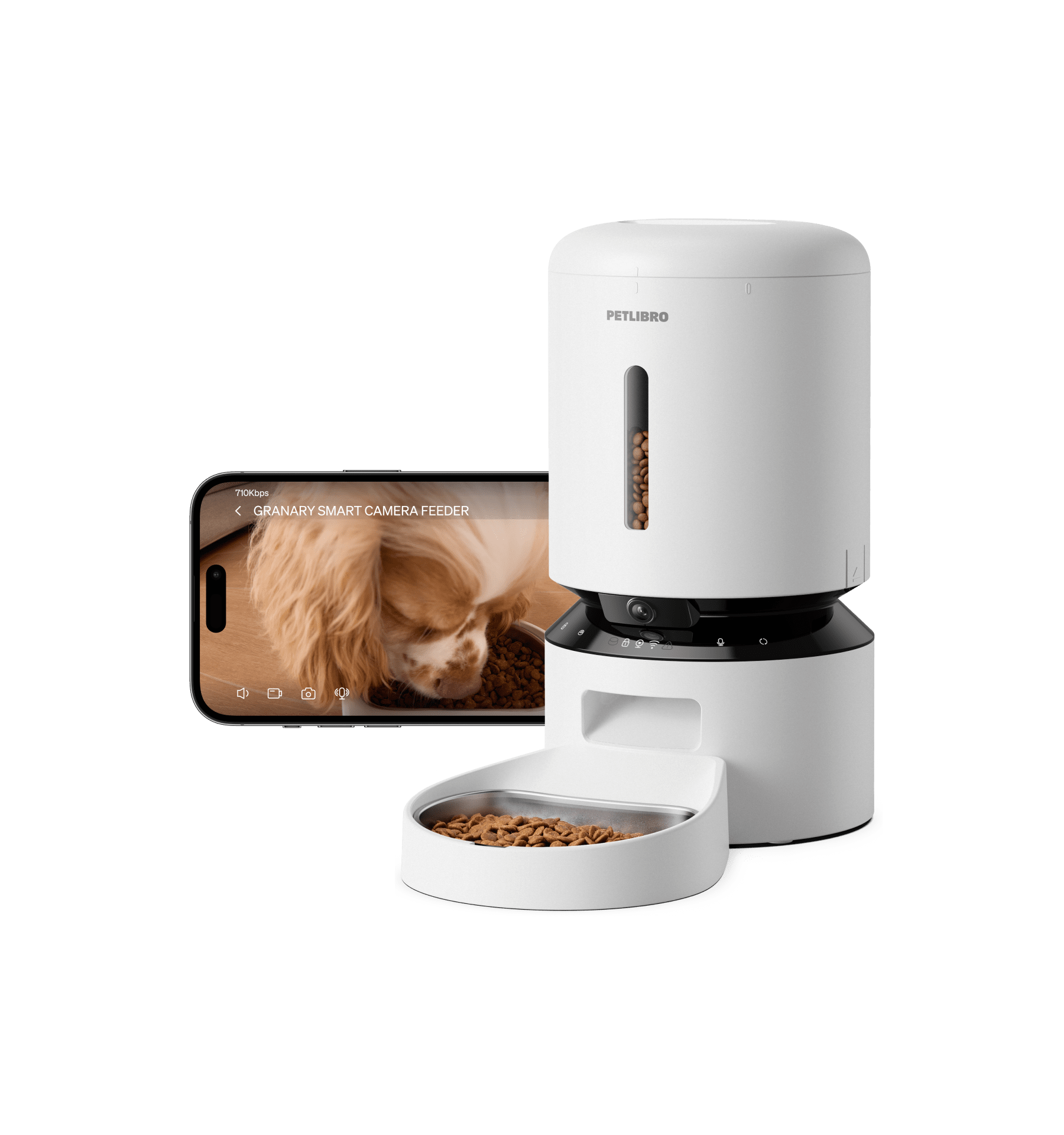 PETLIBRO Granary Smart Camera Feeder with 1080p HD camera, stainless steel bowl, and PETLIBRO Lite app display