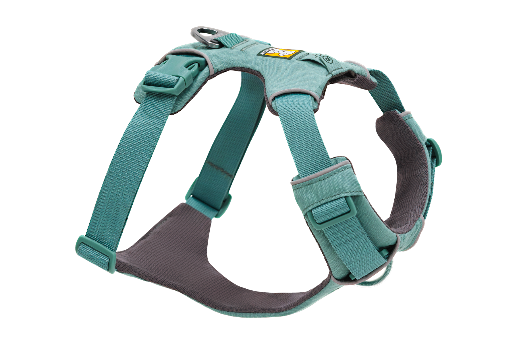 Ruffwear Front Range padded dog harness in River Rock Green showing dual leash attachment clips and adjustable fit