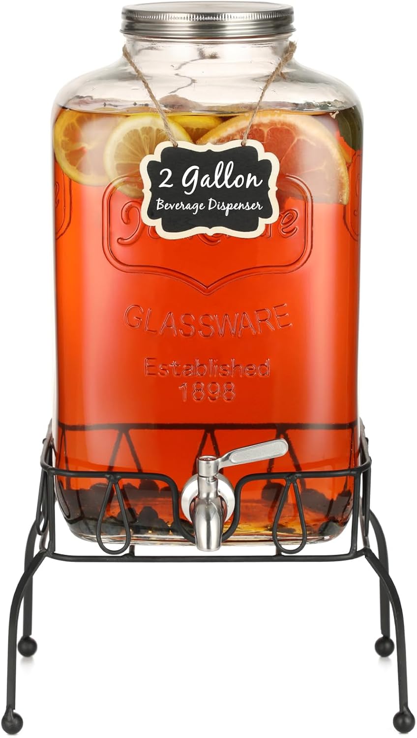 2-gallon glass beverage dispenser with stand and spigot