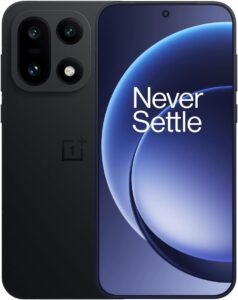 OnePlus 15 smartphone in Infinite Black, front and rear view