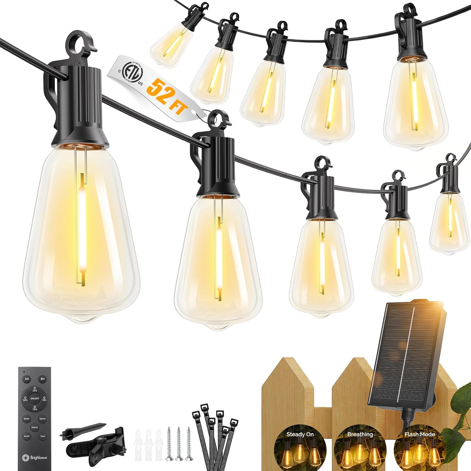 Brightown 52FT outdoor solar string lights with 15 shatterproof LED bulbs and remote