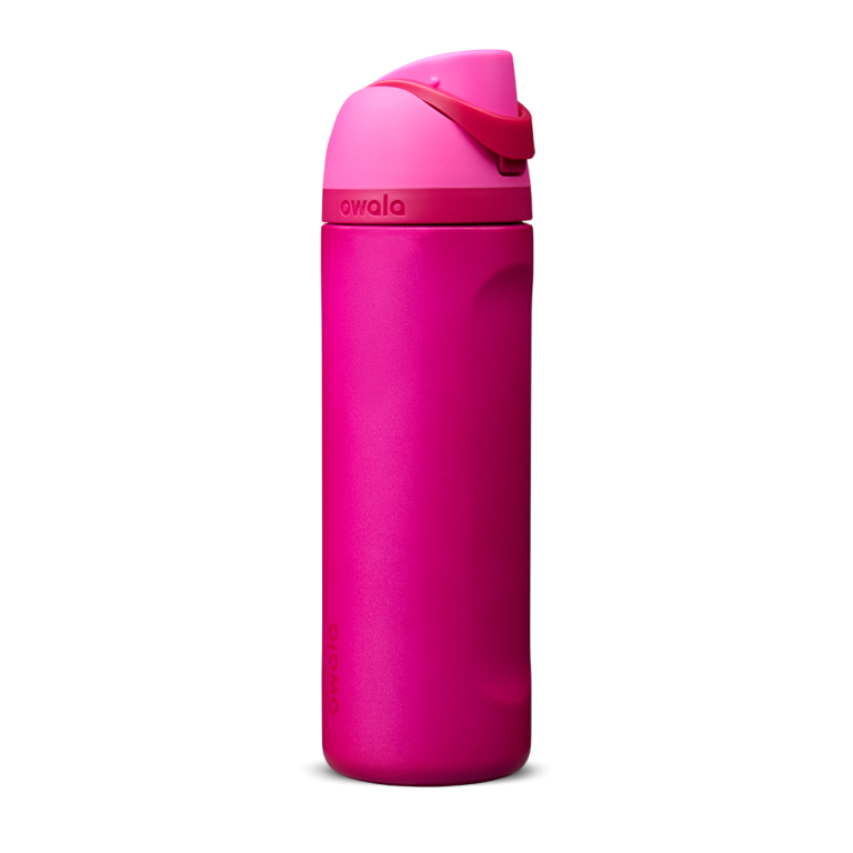 Owala FreeSip insulated stainless steel water bottle with dual FreeSip lid showing straw and chug modes