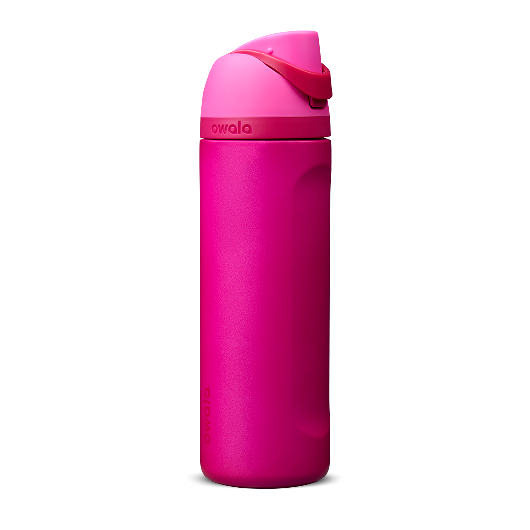 Owala FreeSip insulated stainless steel water bottle with dual FreeSip lid showing straw and chug modes