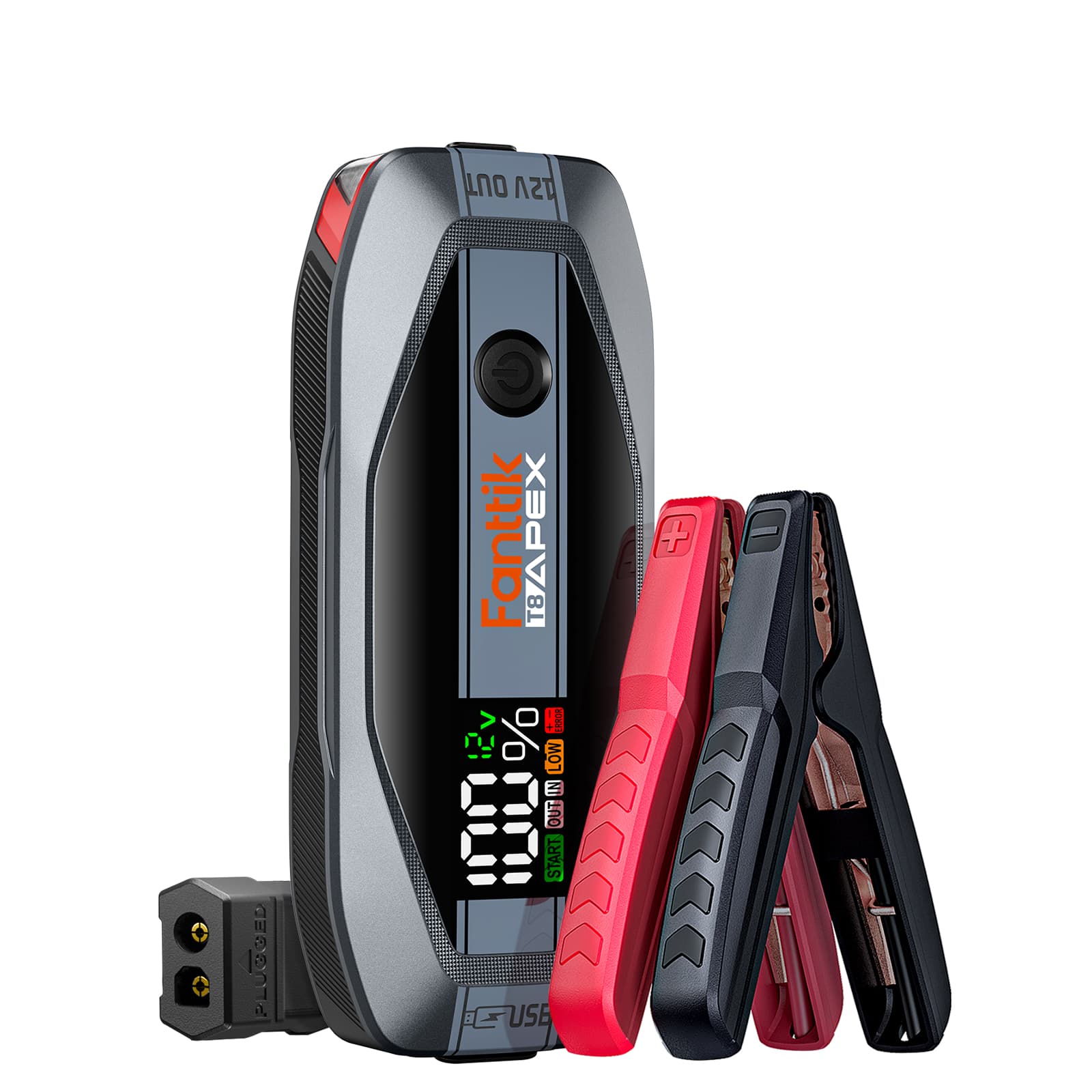 Fanttik T8 Apex 2000A portable lithium jump starter with smart LCD display and premium shark clamps