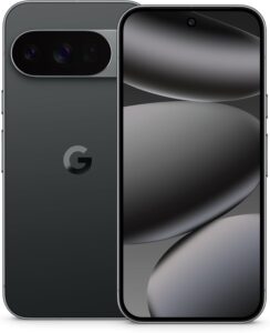 Google Pixel 10 Pro smartphone in Obsidian, front and rear view