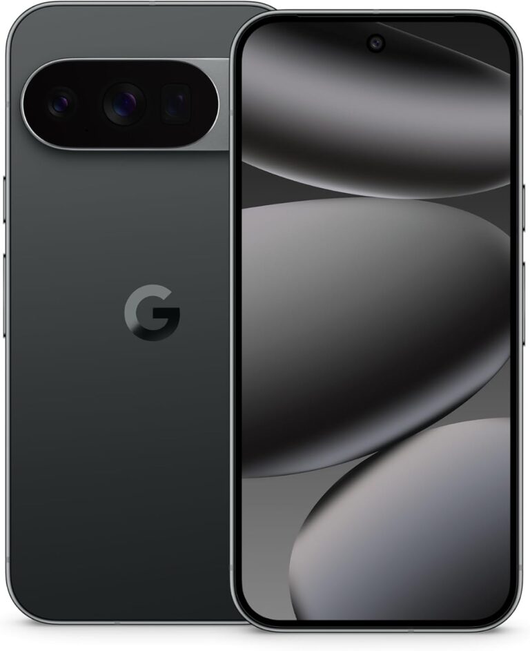 Google Pixel 10 Pro smartphone in Obsidian, front and rear view