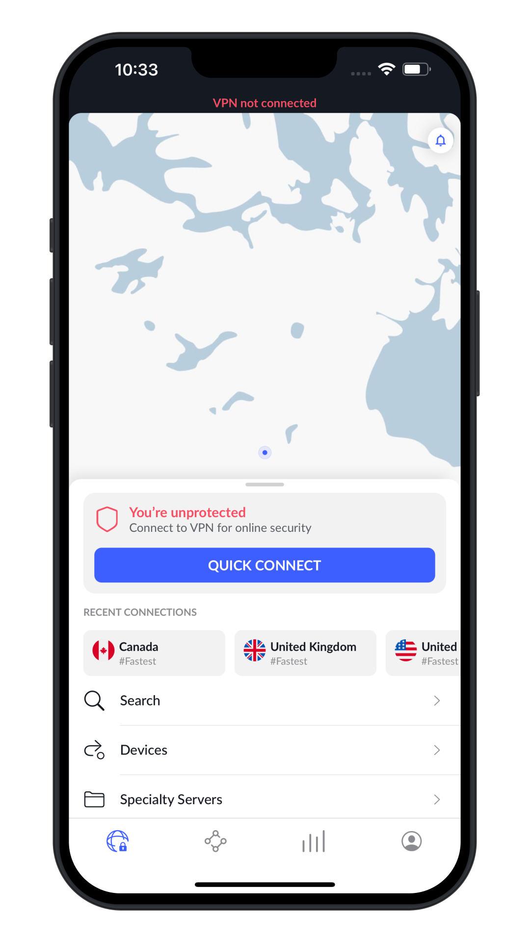 NordVPN iOS app Quick Connect screen showing the one-tap connect button and recent server connections