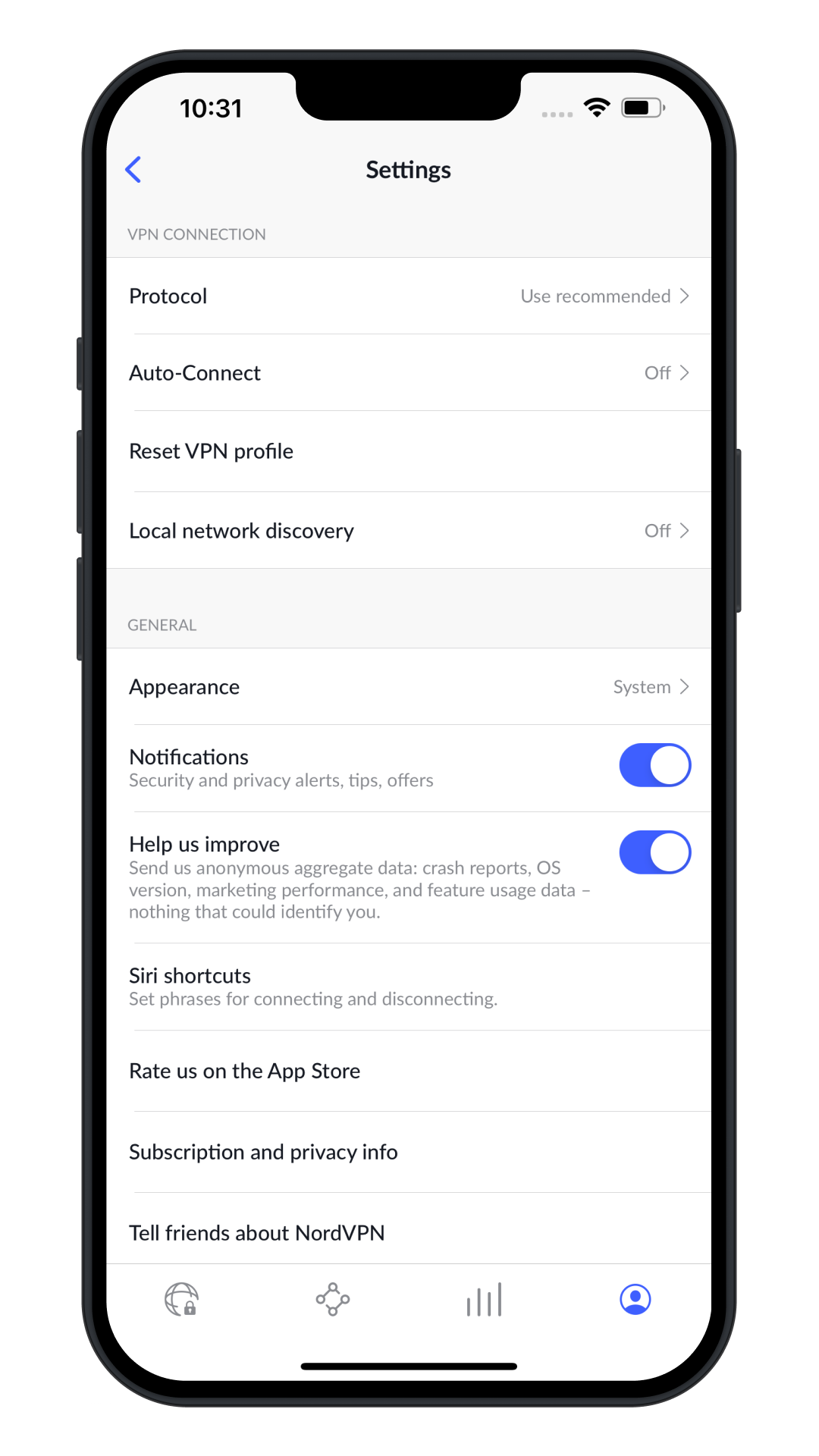 NordVPN app Settings screen showing Protocol, Auto-Connect and Local network discovery options