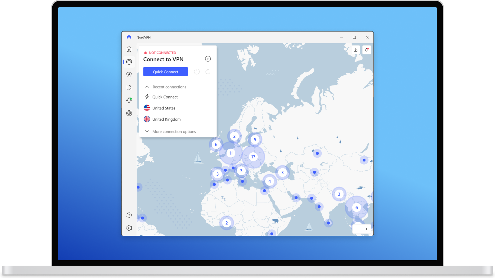 NordVPN Windows desktop app showing the Quick Connect button and interactive server map on a laptop