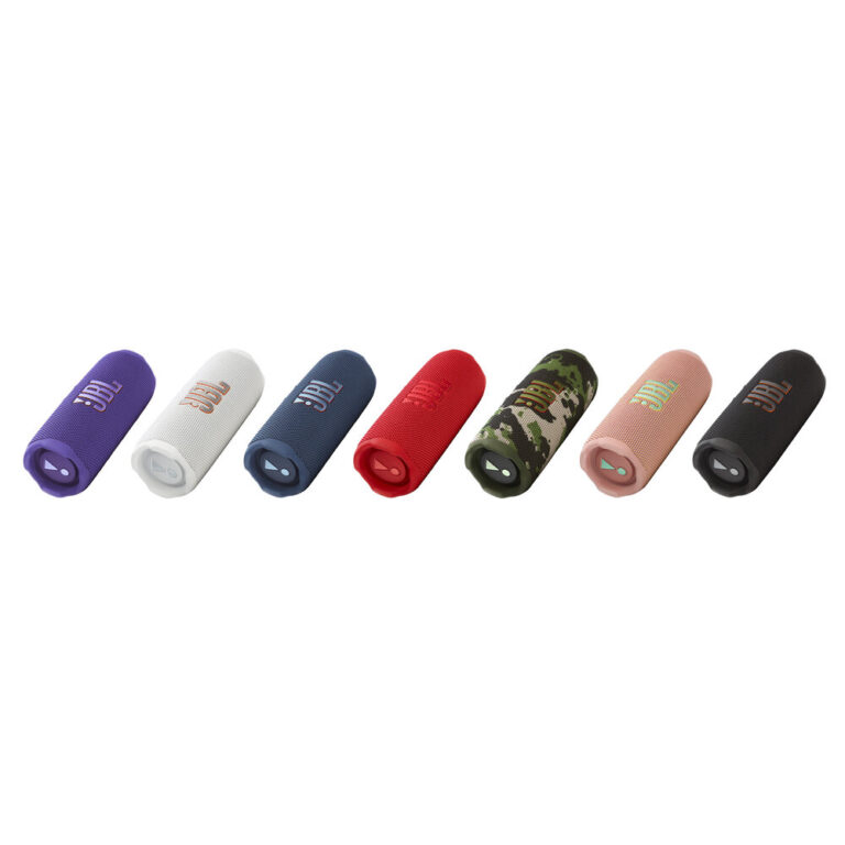 JBL Flip 7 portable waterproof Bluetooth speaker, group product shot showing multiple color options