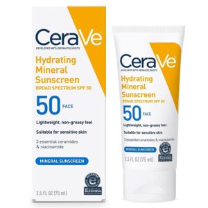 CeraVe 100% Mineral Sunscreen SPF 50 Face box and tube on white background