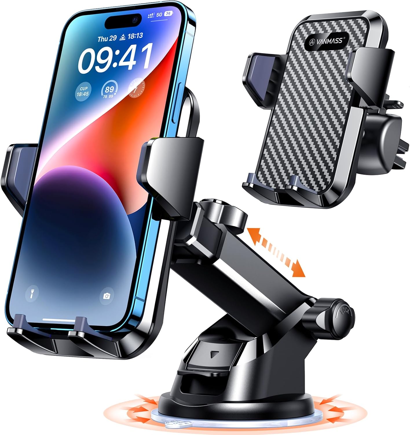 VANMASS Car Phone Holder with rotate-lock suction cup mounted on a car windshield