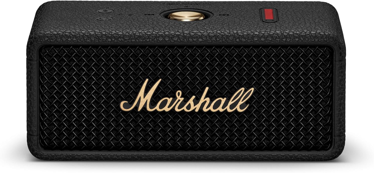 Marshall Emberton III portable Bluetooth speaker, black and brass, product photo