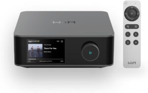WiiM Amp Ultra stereo streaming amplifier in Space Gray with 3.5-inch touchscreen