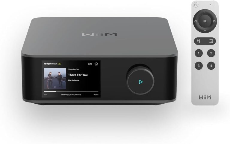 WiiM Amp Ultra stereo streaming amplifier in Space Gray with 3.5-inch touchscreen