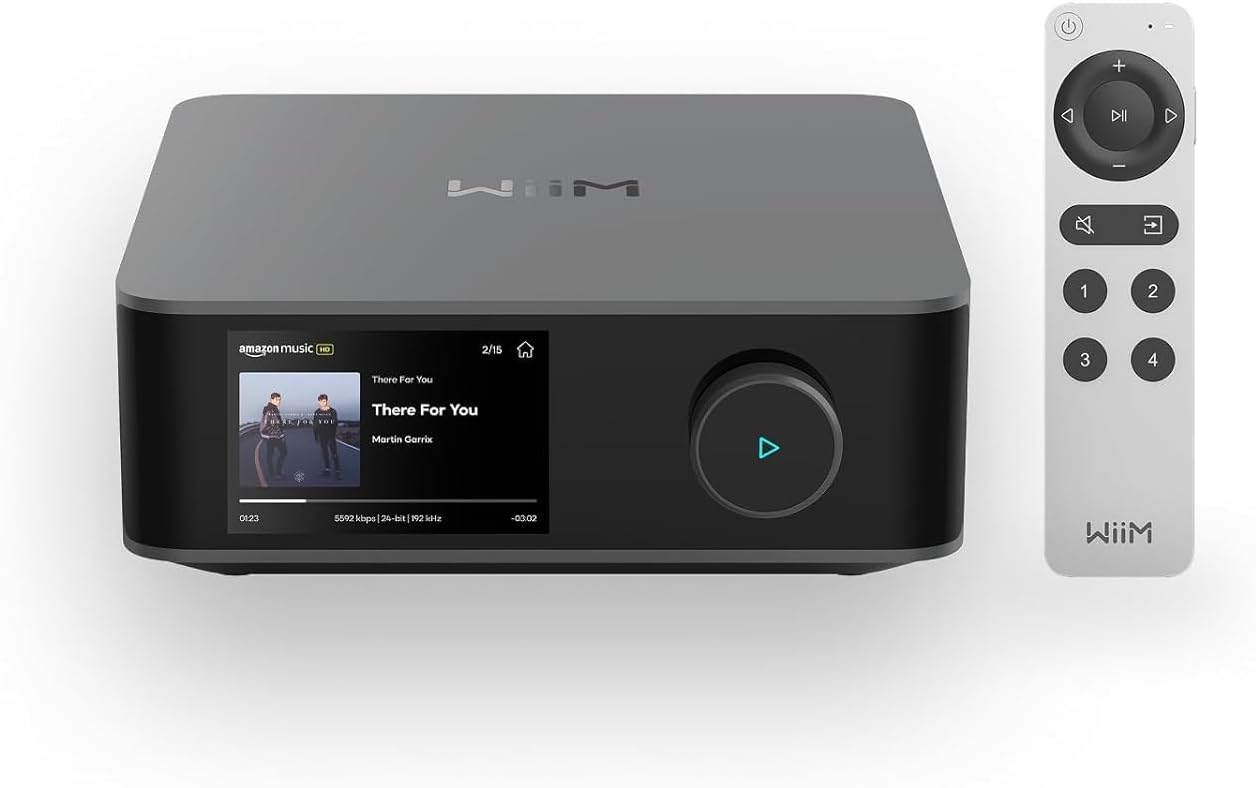 WiiM Amp Ultra stereo streaming amplifier in Space Gray with 3.5-inch touchscreen