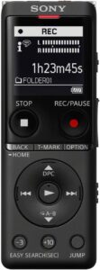 Sony ICD-UX570 digital voice recorder, black, showing built-in retractable USB connector