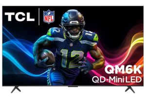 TCL QM6K QD-Mini LED 4K Smart TV front view on stand