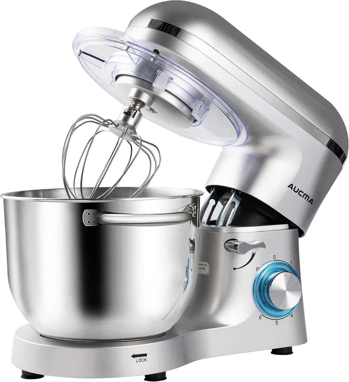 Aucma 6.5-Qt 660W 6-Speed Tilt-Head Stand Mixer in silver with stainless steel bowl