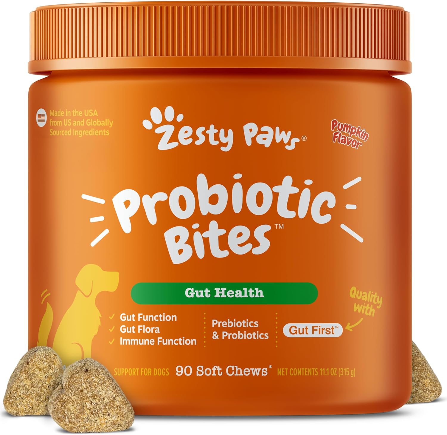 Zesty Paws Probiotics for Dogs, pumpkin flavor soft chews, 90-count tub