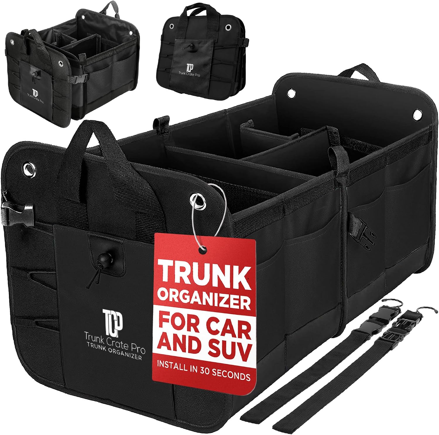 TRUNKCRATEPRO Large trunk organizer with configurable compartments in a car trunk