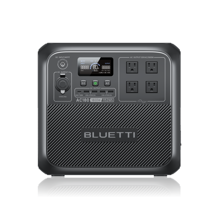 BLUETTI AC180 1152Wh portable power station with 1800W AC output, front view showing display and outlets