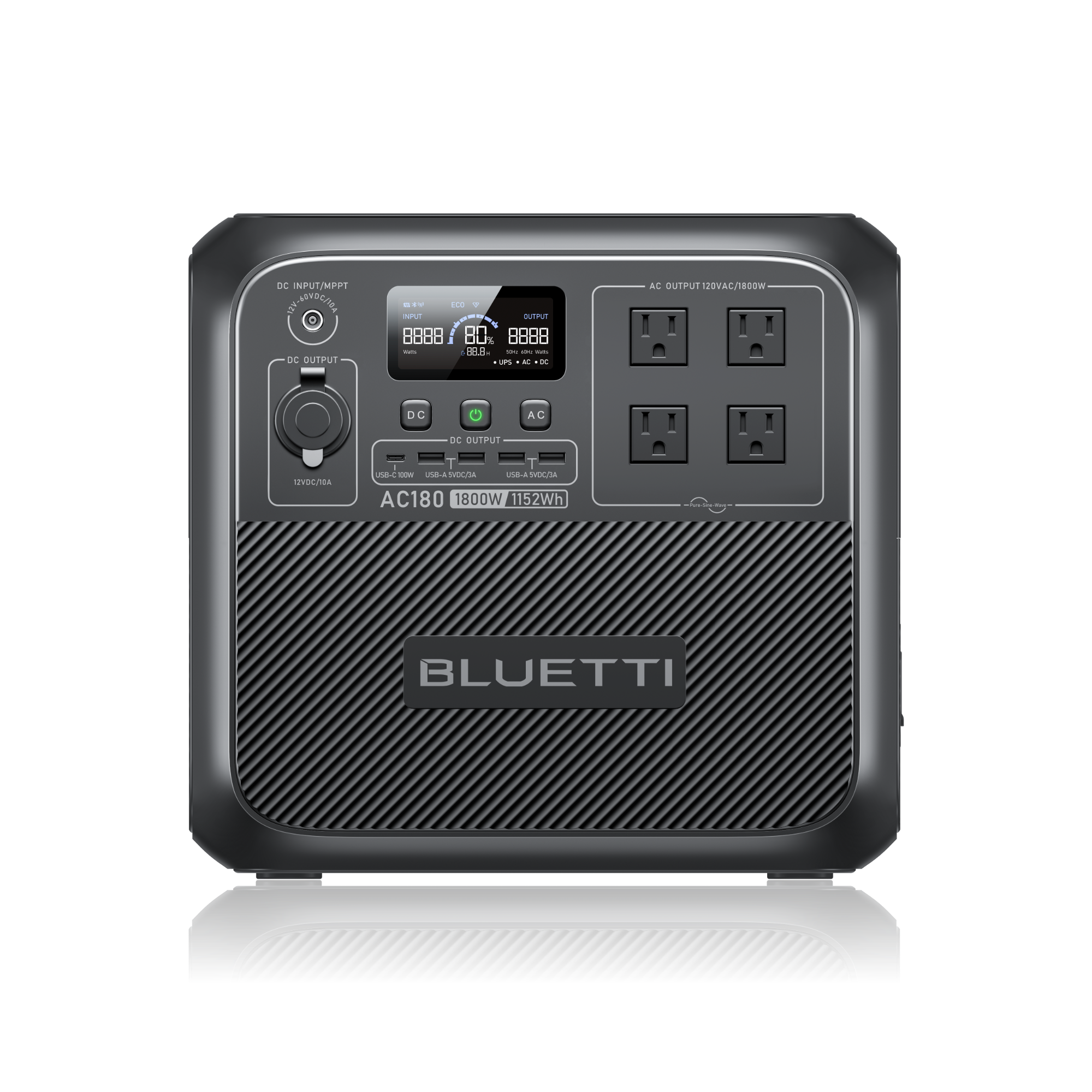 BLUETTI AC180 1152Wh portable power station with 1800W AC output, front view showing display and outlets