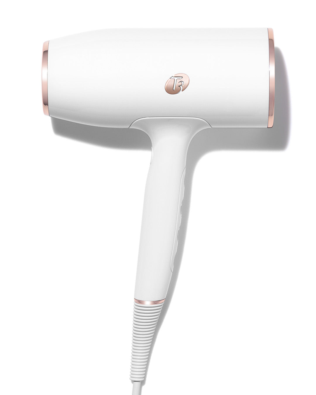 T3 AireLuxe Hair Dryer in white and rose gold on a white background