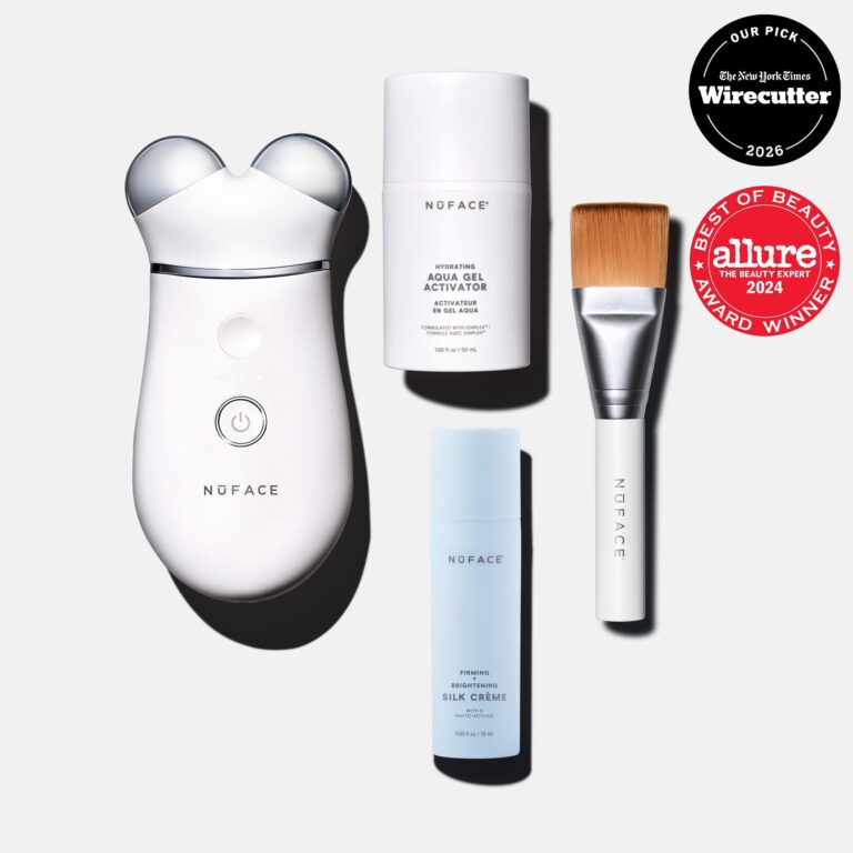 NuFace Trinity+ Starter Kit microcurrent facial toning device with trainer attachment, gel activators, and charging cradle