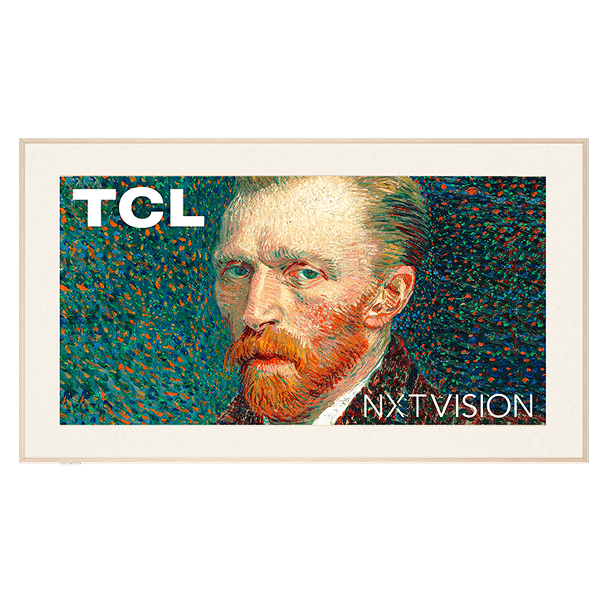 TCL NXTVISION 75A300W Frame TV in a light wood magnetic frame, wall-mounted displaying art