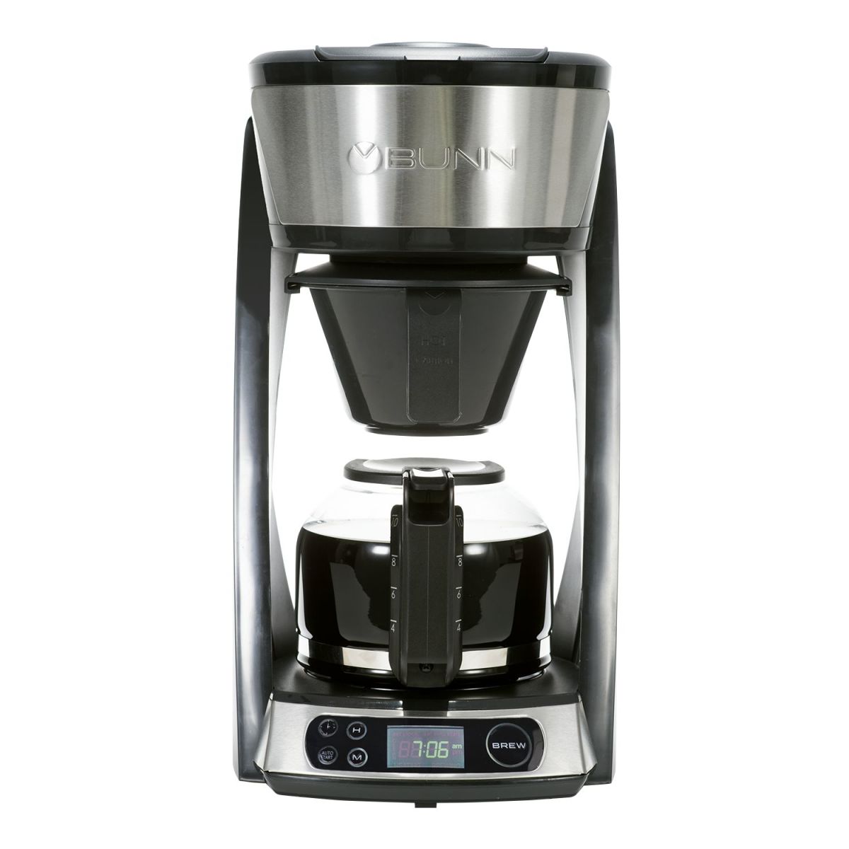 BUNN HB Heat N Brew 10-cup programmable drip coffee maker with stainless steel and black finish