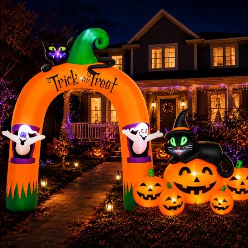 JoyParcel Halloween Inflatable Bundle, 10FT 7 LED Black Cat Ghost Archway and 5FT 6 LED Pumpkin Black Cat