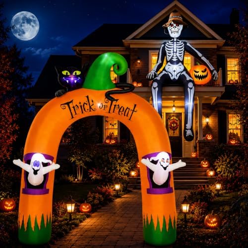 JoyParcel 10FT Halloween Inflatable Bundle, 7 LED Black Cat Ghost Archway and Giant Sitting Skeleton