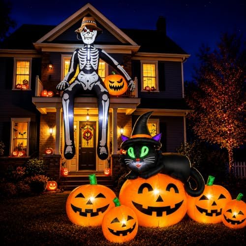 JoyParcel Halloween Inflatable Bundle, 10FT Giant Sitting Skeleton and 5FT 6 LED Pumpkin Black Cat