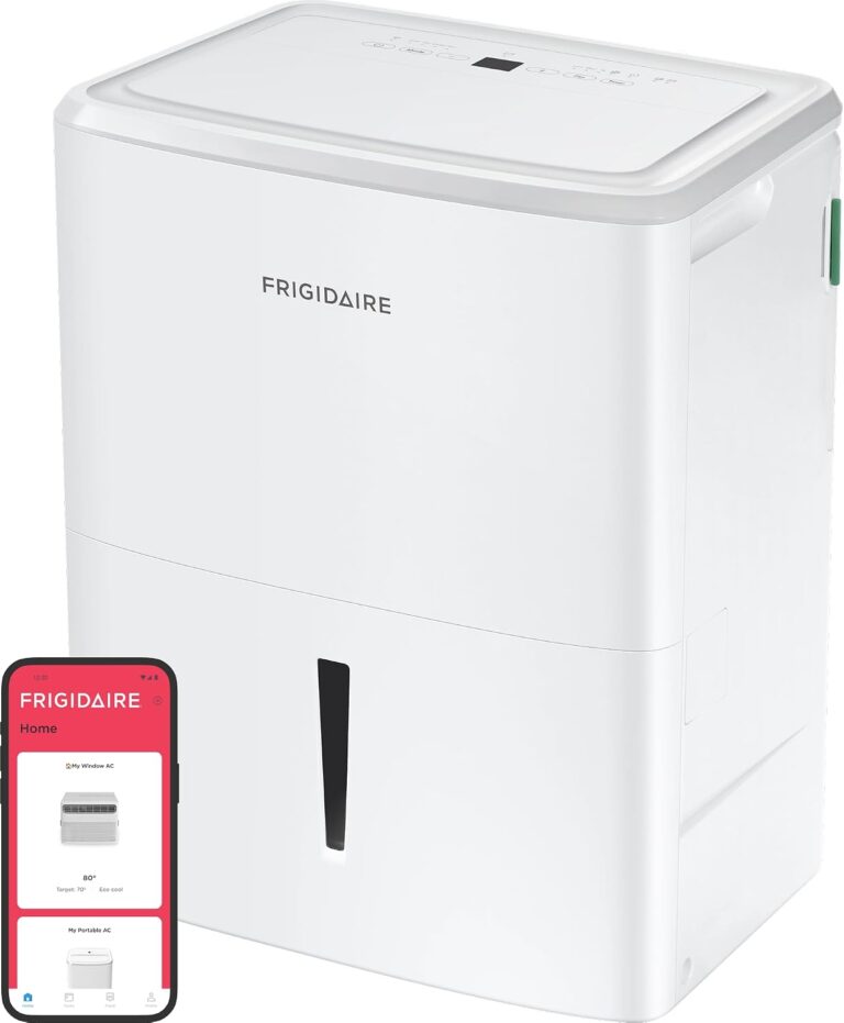 Frigidaire FHDD5034W1 50-Pint Dehumidifier with Wi-Fi, white finish, front view with digital control panel