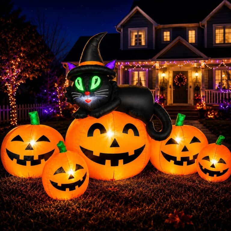 JoyParcel 5FT 6 LED Halloween Inflatable Pumpkins Witch Black Cat Outdoor Yard Decor