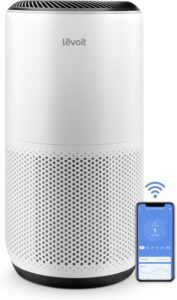 Levoit Core 400S smart air purifier, white cylindrical tower with front display panel