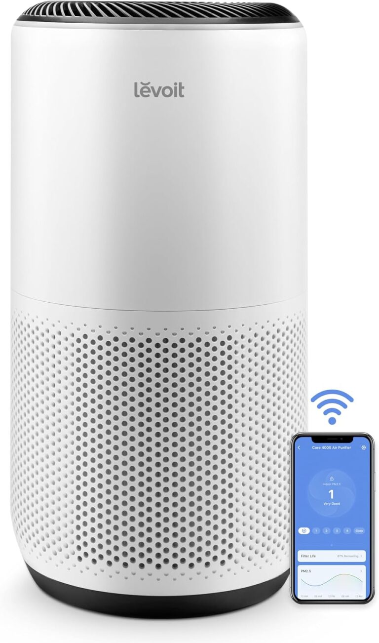 Levoit Core 400S smart air purifier, white cylindrical tower with front display panel