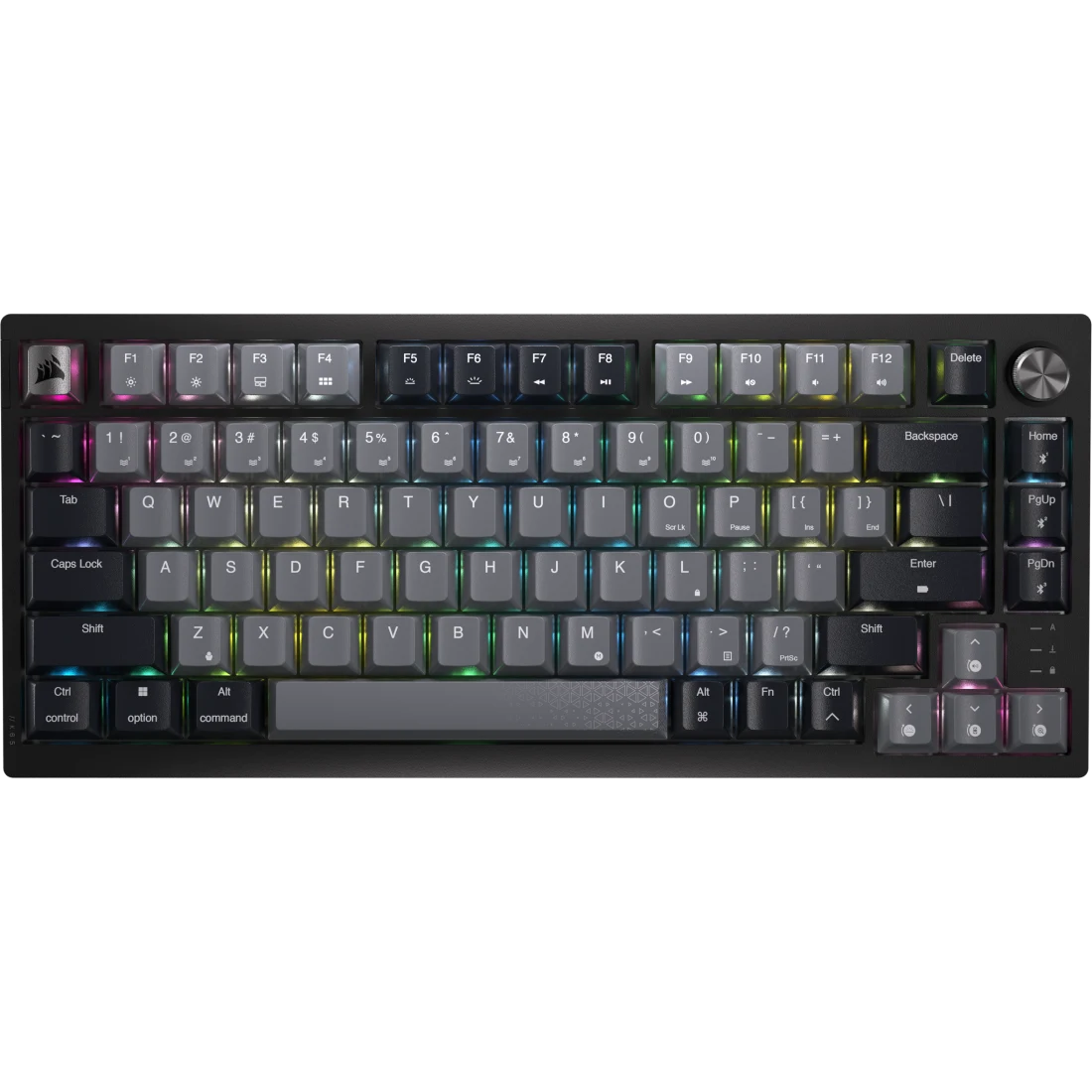 Corsair K65 Plus Wireless 75% RGB mechanical gaming keyboard, black and gray, with pre-lubed hot-swappable MLX Red switches