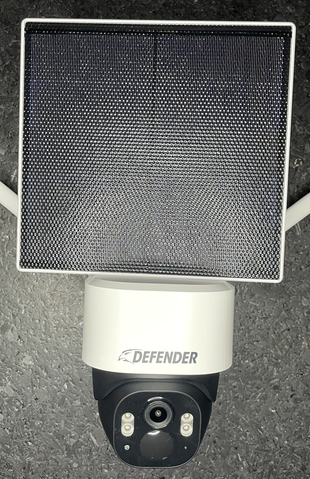 Defender 4G Frontier camera with its 5W solar panel attached, viewed from above