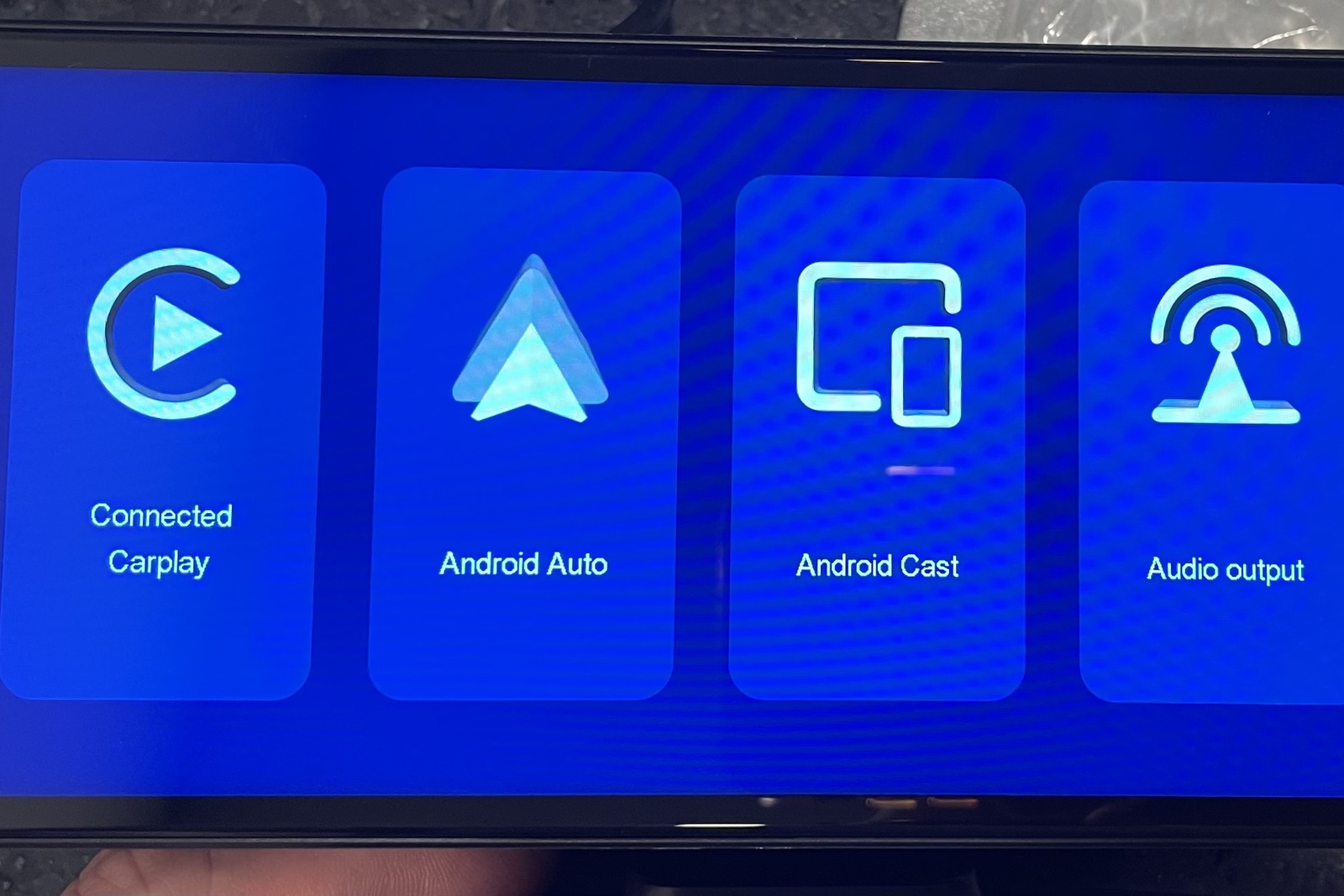 RC16 home menu showing Connected Carplay, Android Auto, Android Cast, and Audio output options