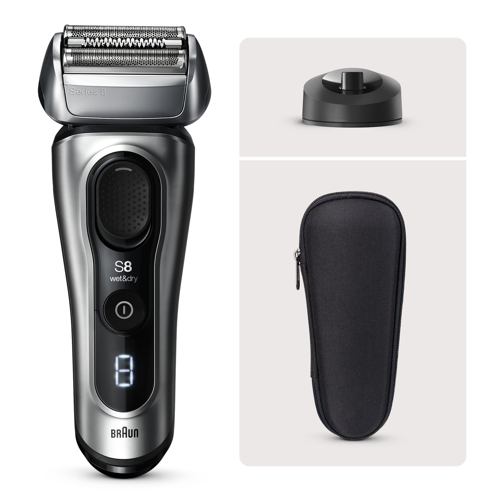 Braun Series 8 8517s wet and dry foil shaver in Galvano Silver with its charging stand and travel case
