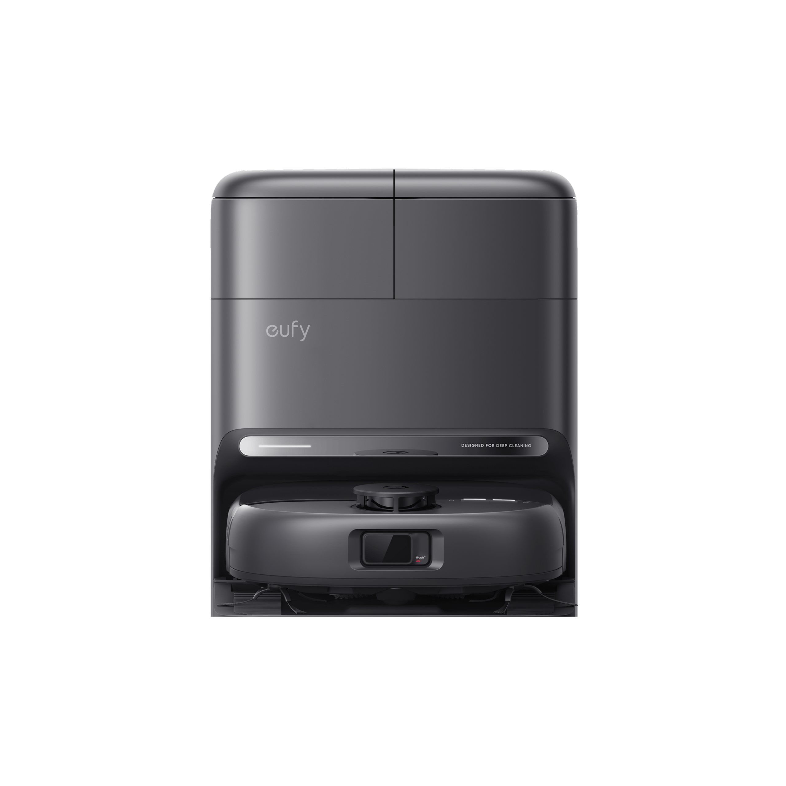 eufy Omni C28 robot vacuum and mop docked in its black 5-in-1 Omni Station