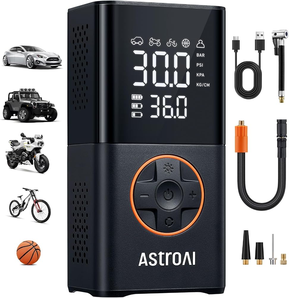 AstroAI L7 cordless tire inflator with dual pressure display, hose, USB-C cable and nozzle adapters