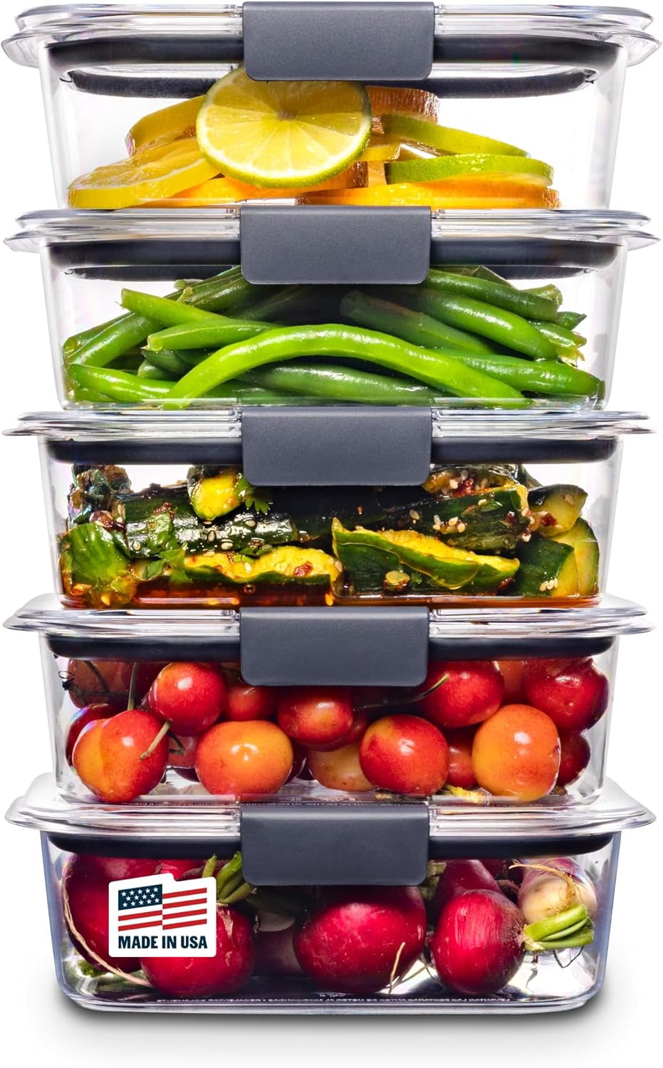 Rubbermaid Brilliance clear Tritan food storage containers, five 3.2-cup containers with grey latching lids stacked with fruit and vegetables