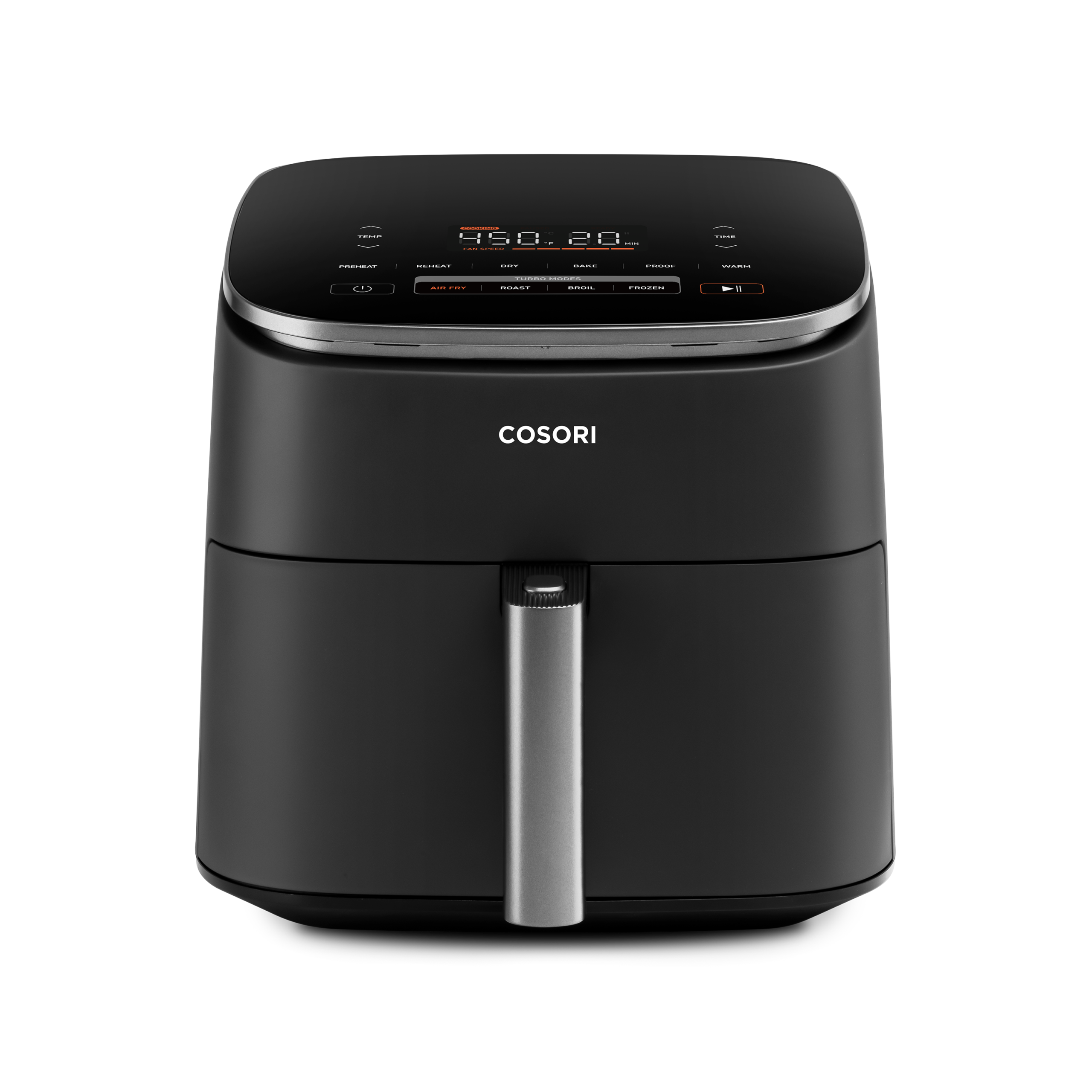 Cosori TurboBlaze 6-Quart Air Fryer in dark gray with angled touchscreen control panel