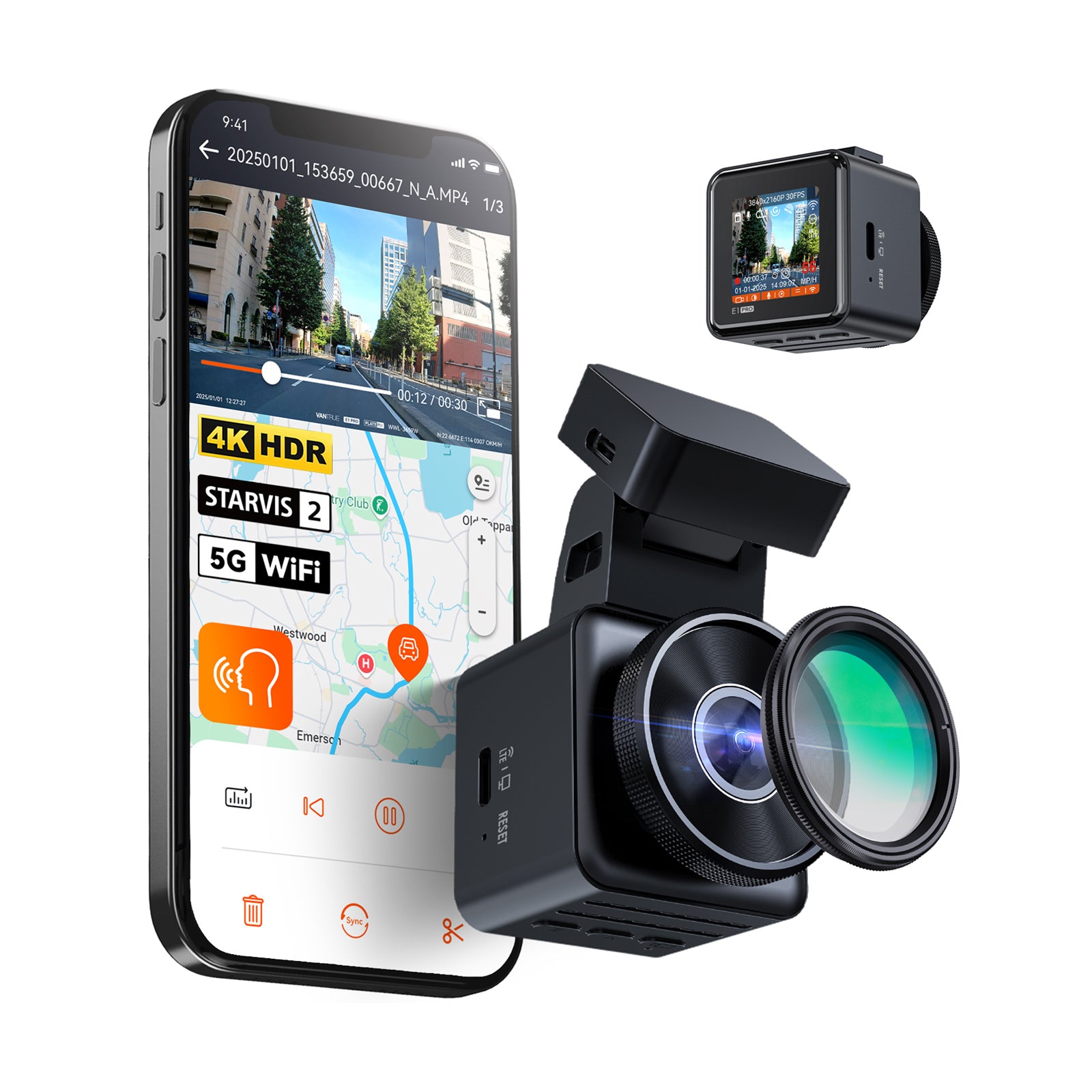 Vantrue E1 Pro 4K mini dash cam with its mount, polarizing filter and the Vantrue app on a phone